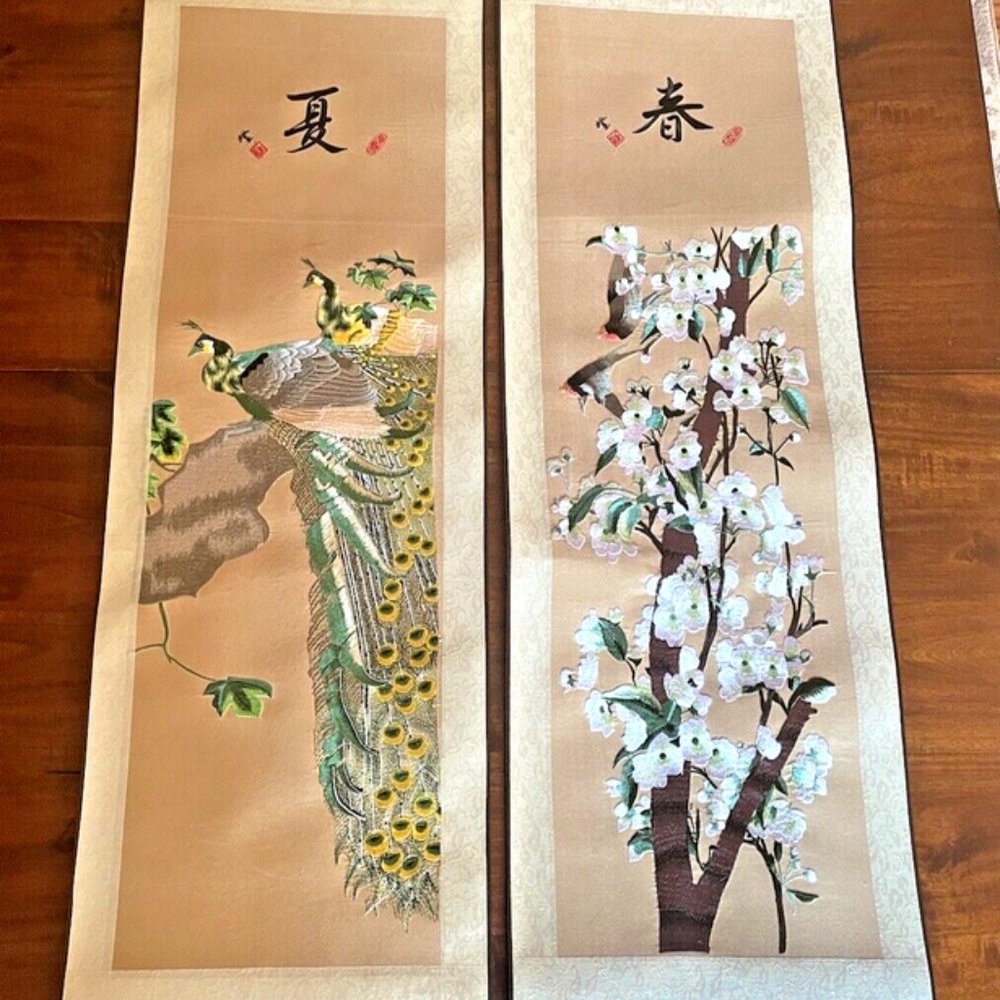 2 Handmade Japanese Silk Hanging Scrolls Silk Thread 54" x 13-1/2"